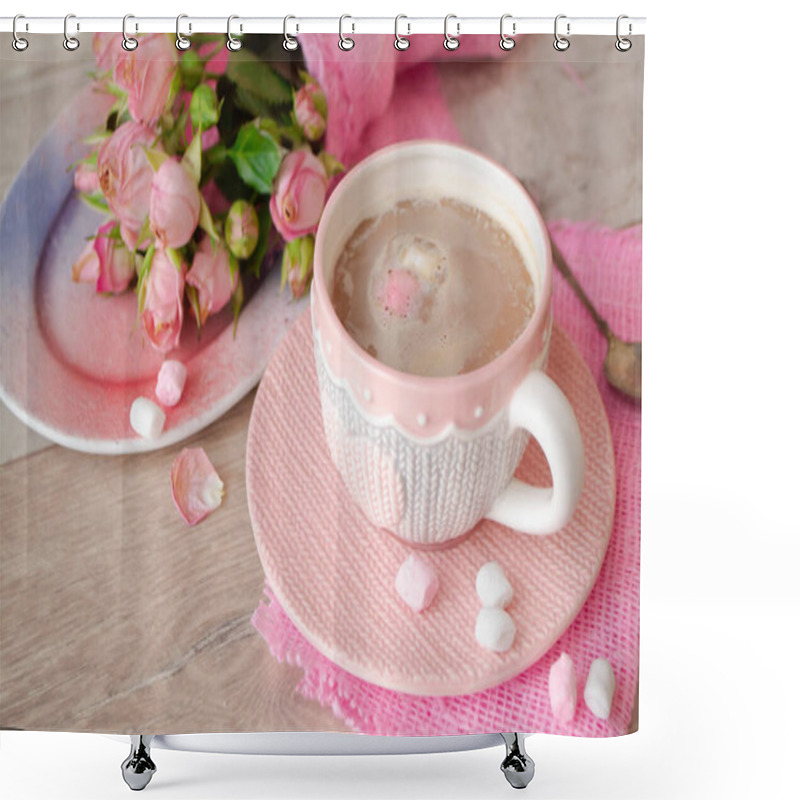 Personality  Cocoa Chocolate Cup With Hot Drink And White And Pink Marshmallow, Cacao In Mug With Pink Roses, Holiday Coffee House Shop, Romantic Decoration, Mug With Knitted Effect Shower Curtains