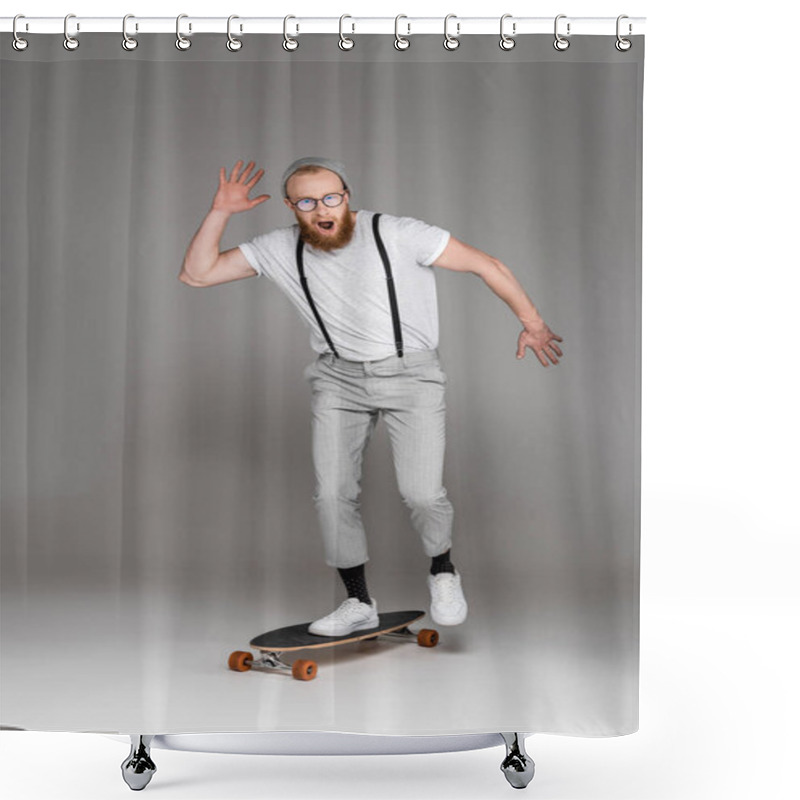 Personality  Scared Bearded Man With Open Mouth Standing On Longboard And Looking At Camera On Grey Shower Curtains