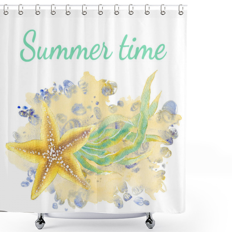 Personality  Watercolor Set Of Starfishes On Sand On White Background For Your Menu, Greeting Card, Invitation  Or Design. Shower Curtains