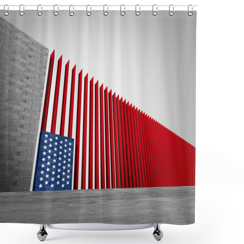 Personality  United States Border Wall And American Immigration And USA Refugee Crisis Concept As Barrier Or Steel Slat Fence Shaped As A US Flag As A Social Issue About Refugees Or Illegal Immigrants As A 3D Illustration Shower Curtains