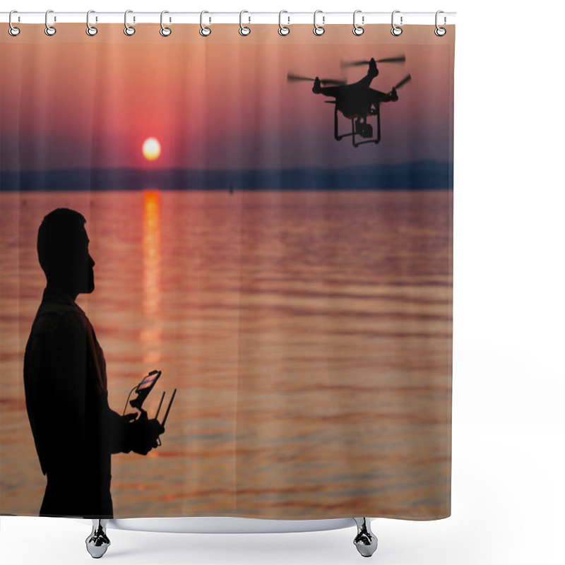 Personality  Man Flying A Drone Near Seaside At The Sunset. Shower Curtains