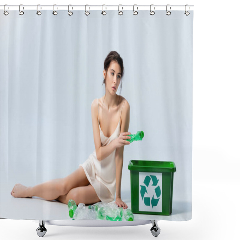 Personality  Brunette Woman In Silk Dress Holding Plastic Bottle Near Trash Can With Recycle Sign On White, Ecology Concept  Shower Curtains