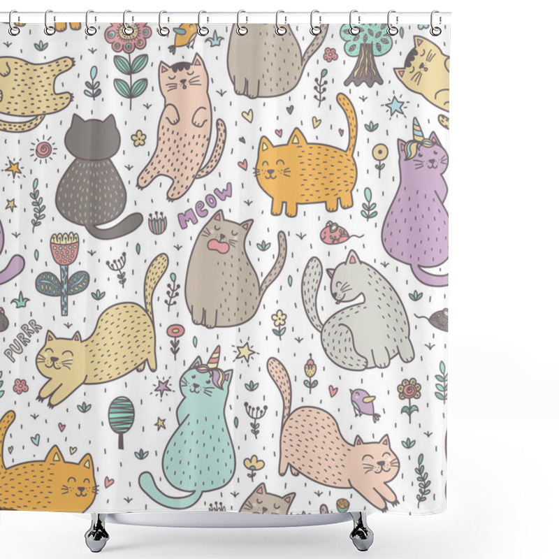 Personality  Cute Cats In The Summer Seamless Pattern. Great For Cards, Invitations, Fabric And Textile. Vector Illustration Shower Curtains