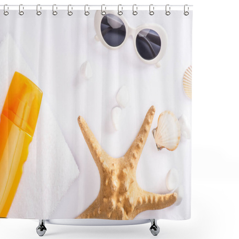 Personality  Top View Of Sunscreen On Towel Near Starfish And Sunglasses On White Surface Shower Curtains