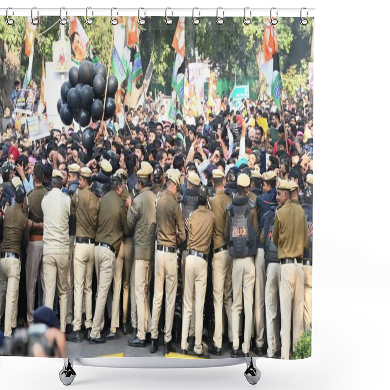 Personality  NEW DELHI, INDIA - DECEMBER 20, 2023: Indian Youth Congress Supporters During A Protest Against The BJP-led Government At The Centre Over The Issue Of Unemployment At Raisina Road On December 20, 2023 In New Delhi, India. Shower Curtains