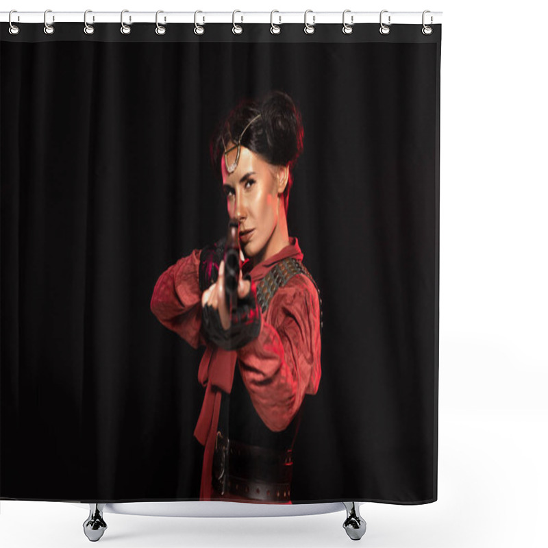 Personality  Selective Focus Of Steampunk Woman Aiming With Gun To Camera Isolated On Black Shower Curtains