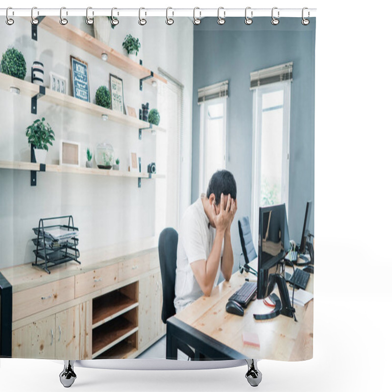 Personality  Portrait Of Worker Alone On The Office With Serious Problem Shower Curtains