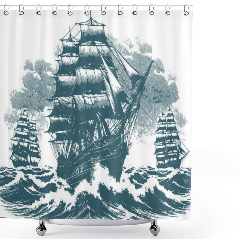 Personality  Three Sailing Ships In Rough Seas Detailed Engraving Style Shower Curtains