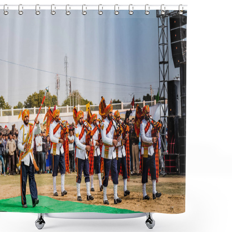 Personality  Bikaner, Rajasthan / India - January 2019 :  Bangpiper Band Performing At Bikaner Camel Fair Ground Which Is Lead By Sikh Sgroup Shower Curtains