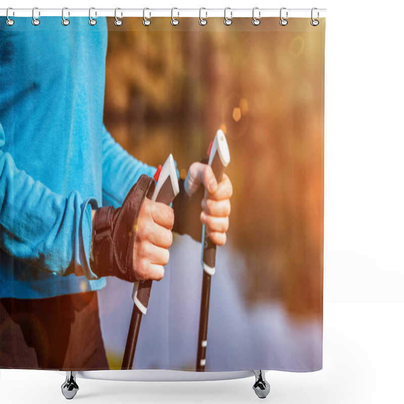 Personality  Closeup Of Womans Hand Holding Nordic Walking Poles Shower Curtains