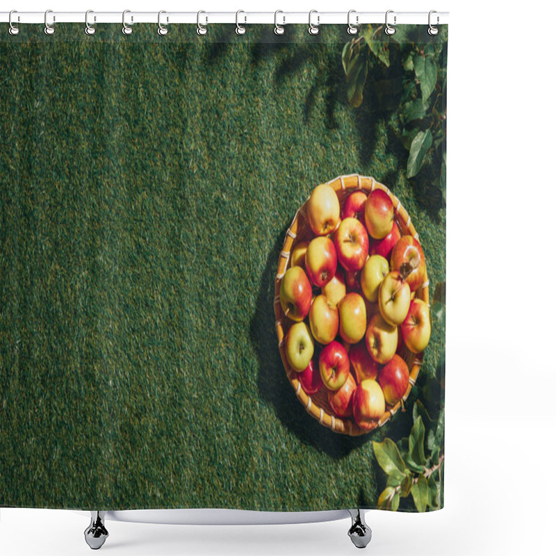 Personality  Fresh Apples In Wicker Basket With Apple Tree Leaves On Grass Background Shower Curtains