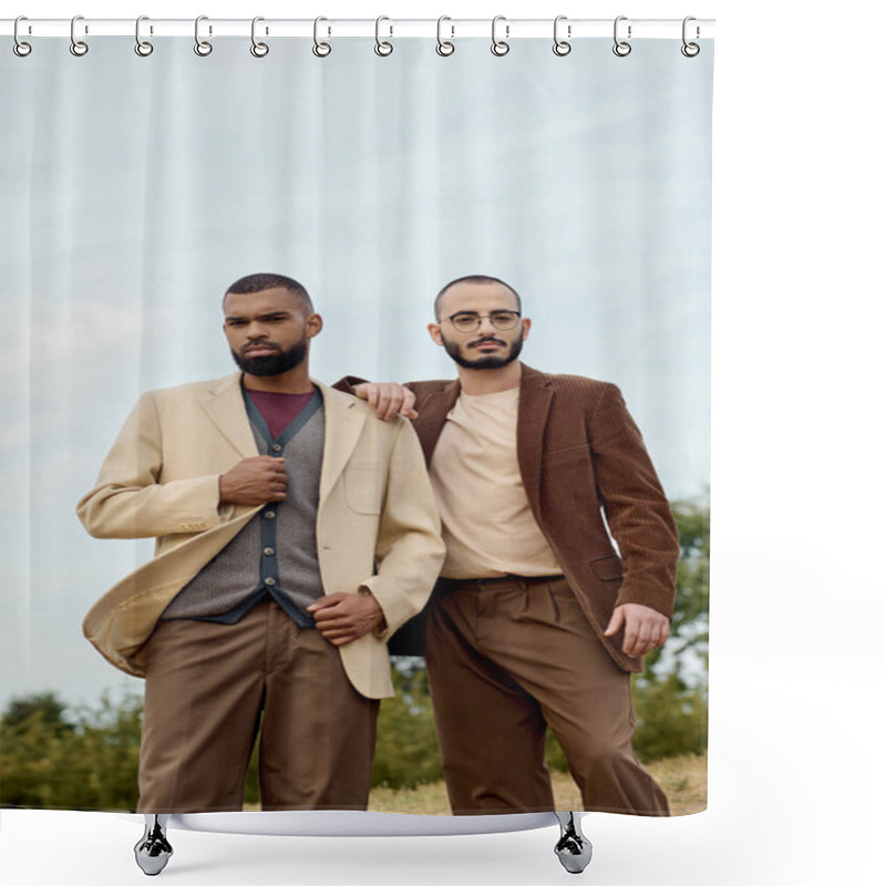 Personality  Two Handsome Men Dressed In Fashionable Autumn Attire Pose Confidently In A Picturesque Natural Setting. Shower Curtains