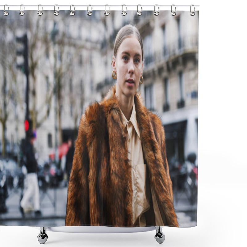 Personality  Paris, France - March 02, 2019: Street Style Street Style Outfit Before A Fashion Show During Milan Fashion Week - PFWFW19; Shower Curtains