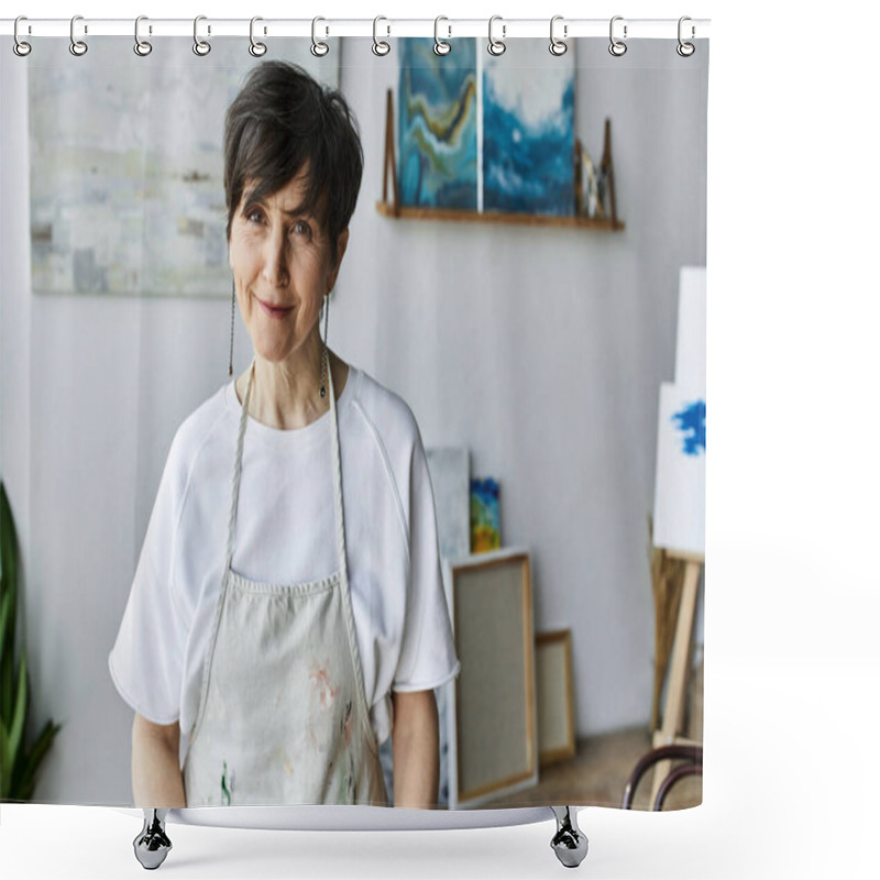 Personality  A Talented Painter Enjoys Her Creative Space While Crafting Beautiful Artwork. Shower Curtains