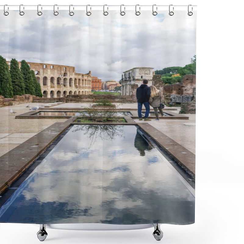 Personality  ROME, ITALY - APRIL 10, 2020: Back View Of Man And Woman Standing Near Ancient Colosseum And Historical Buildings  Shower Curtains