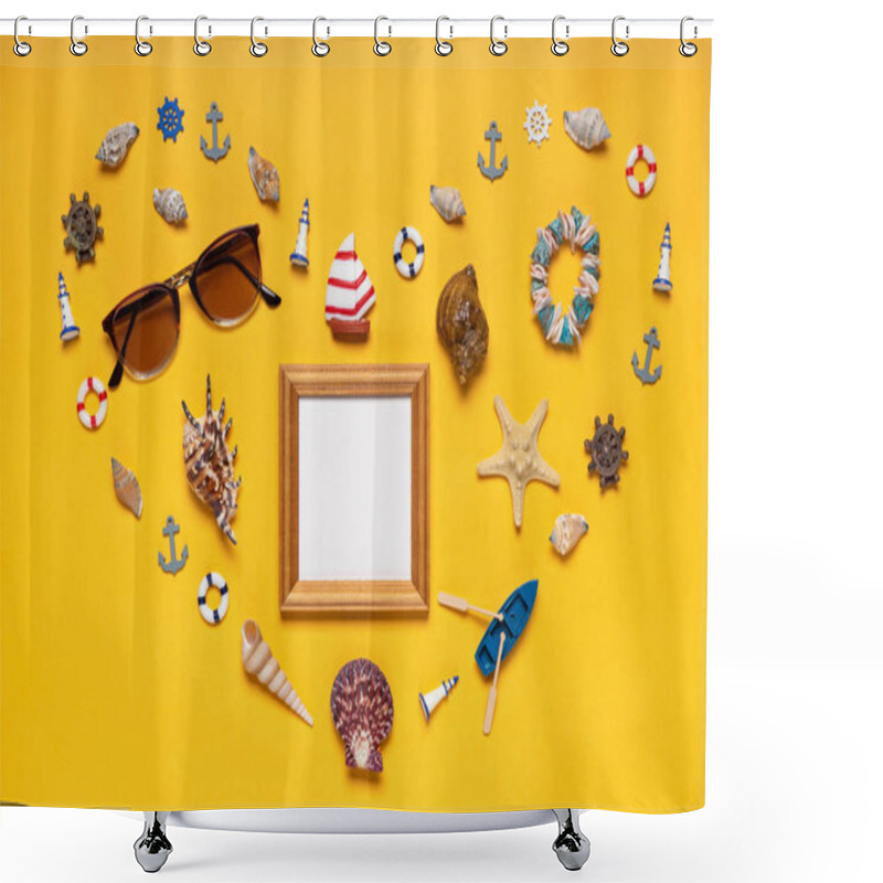 Personality  Heart Symbol Made Of Decorative Items, Miniature Toys And Beach Accessories: Seashells, Sunglasses, Bracelet, Vessel, Life Buoys. Empty Wooden Photoframe, Mock Up. Summer Vacation, Sea Travel Concept. Shower Curtains