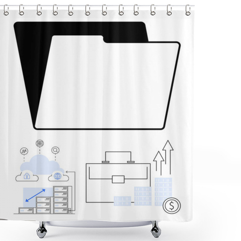 Personality  Business File Folder, Data Storage In Cloud With Server, Briefcase, And Financial Growth Chart With Arrows. Ideal For Document Management, Data Storage, Finance, Business Planning, Corporate Shower Curtains