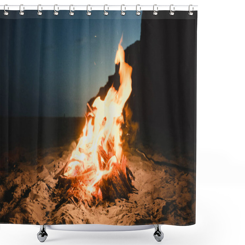 Personality  Fire Burning On The Sand Coast On A Sunny Summer Evening. Small Fire Burns Inside A Fireplace On The Empty Beach. Photo With Film And Grain Effect Shower Curtains