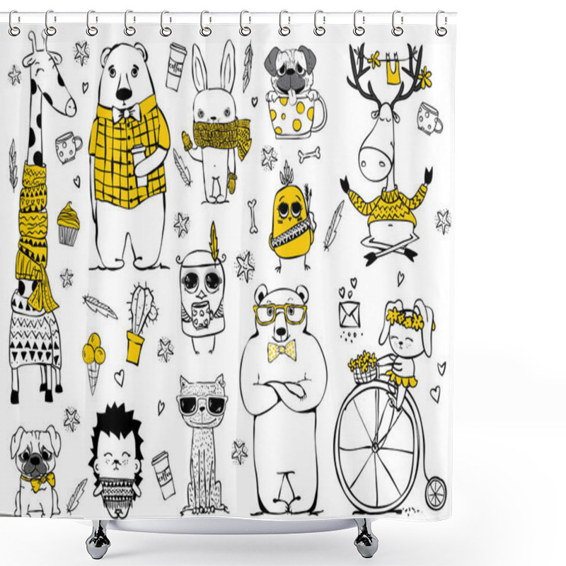 Personality  Set Of Cute Doodle Hipster Animals Shower Curtains