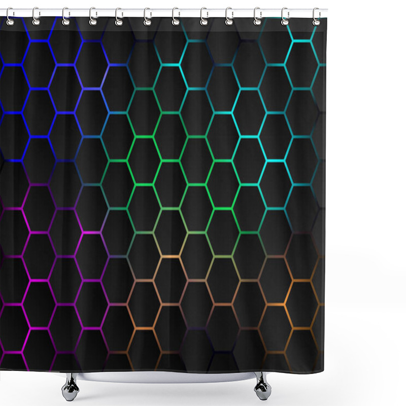 Personality  The Hexagons Are Arranged Like A Honeycomb, With Light Blue, Pink, Green, Orange Below Them Bright And Dark. On A Black Background, Fantasy, Futuristic And Technology Shower Curtains