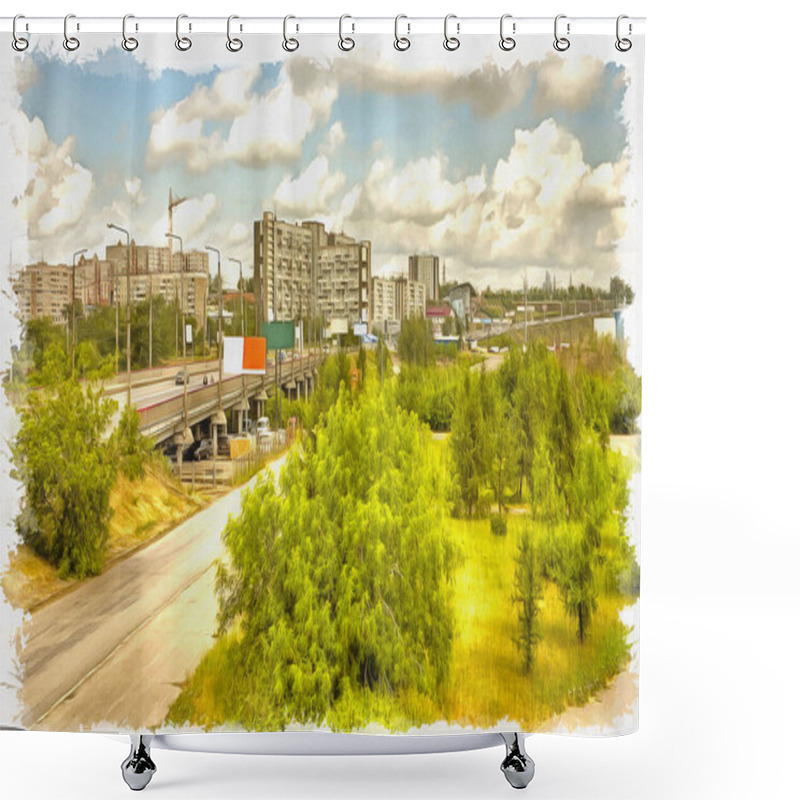 Personality  Krasnoyarsk. Municipal Landscape, View On One Of Boroughs. Oil Paint On Canvas. Picture With Photo, Imitation Of Painting. Illustration Shower Curtains