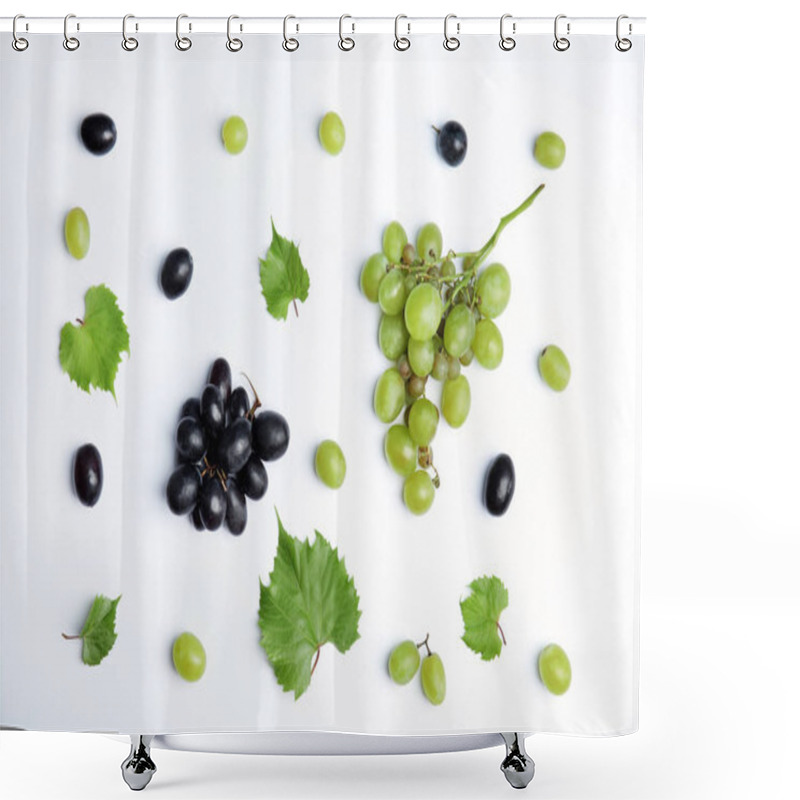 Personality  Fresh Ripe Juicy Grapes And Leaves On White Background, Top View Shower Curtains