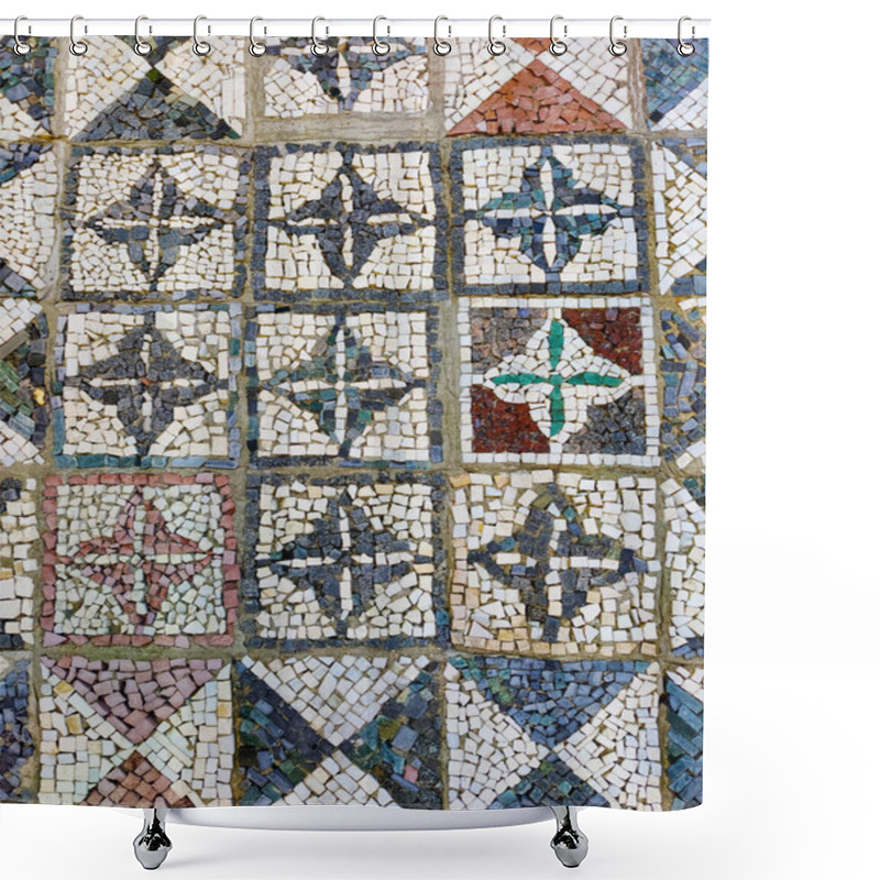 Personality  A Detailed Close-up Of An Ancient Mosaic Floor Featuring Geometric Cross Patterns In Various Colors, Primarily Using Black, White, And Earthy Tones. Each Tile Square Has A Distinct Cross-like Design, Created From Small, Carefully Arranged Stones. Shower Curtains