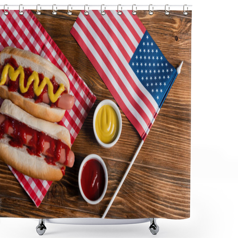 Personality  Top View Of Small American Flag Near Hot Dogs, Sauces And Checkered Table Napkin On Wooden Surface Shower Curtains