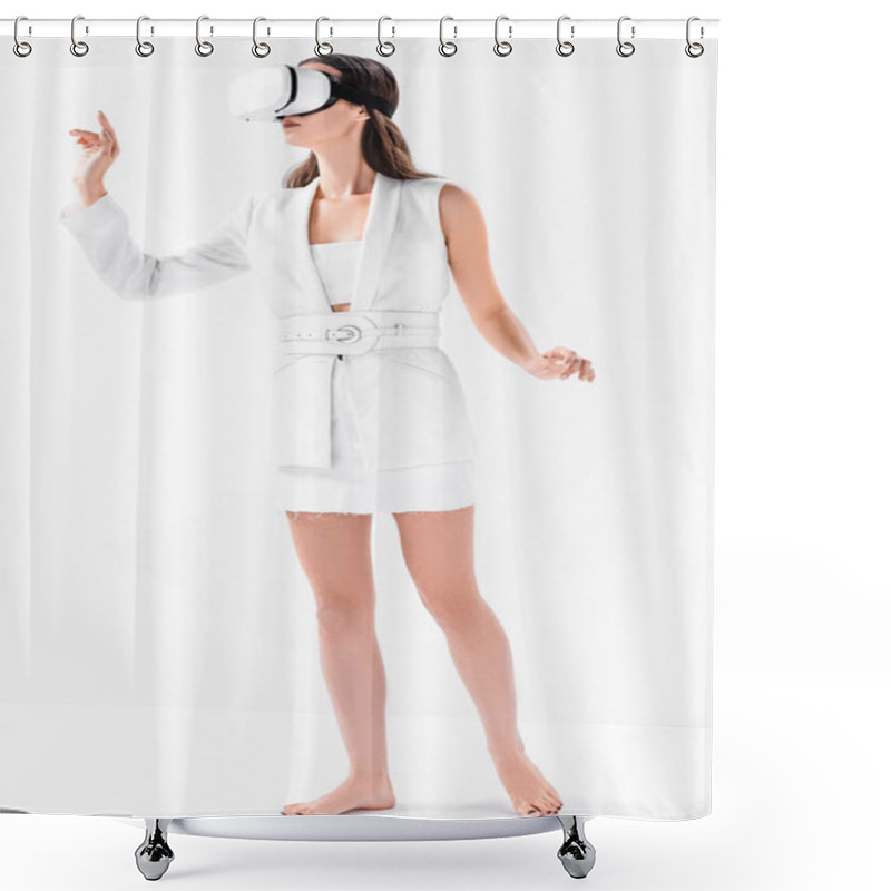 Personality  Barefoot Woman In Total White Gesturing In Virtual Reality Glasses Isolated On White Shower Curtains