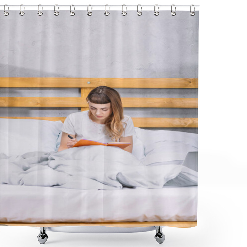 Personality  Girl Sitting In Bed And Writing Something To Notebook Shower Curtains