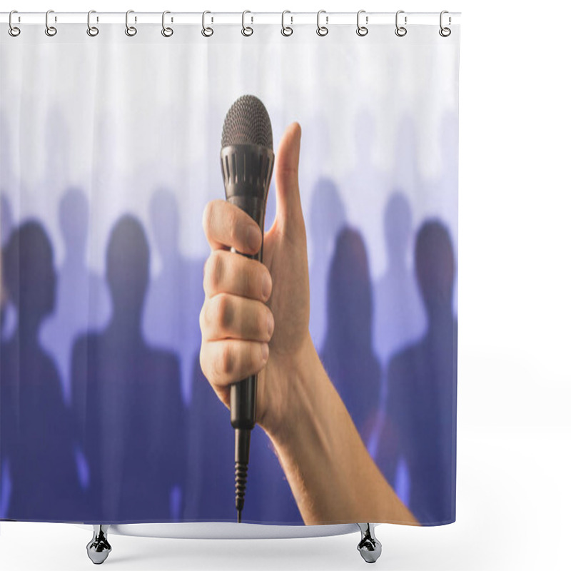 Personality  Hand Holding Microphone And Showing Thumbs Up In Front Of A Crowd Of Silhouette People. Public Speaking And Giving Speech Concept. Singing Well Live To Mic, Good Karaoke Or Successful Talent Show. Shower Curtains