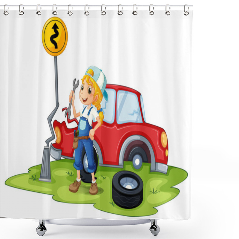 Personality  A Female Mechanic Fixing The Red Broken Car Shower Curtains