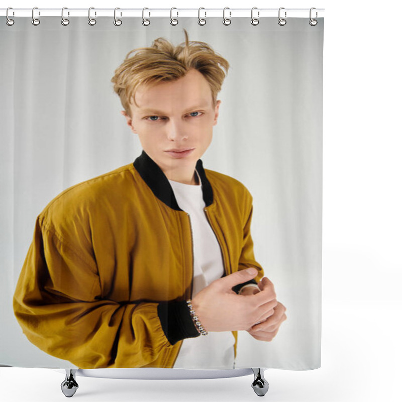 Personality  Young Man Stands Confidently In Stylish Casual Attire, Exuding An Edgy Vibe. Shower Curtains