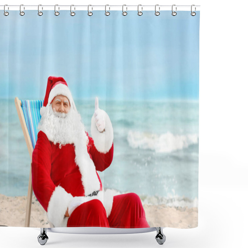 Personality  Authentic Santa Claus Relaxing In Deck Chair On Beach Shower Curtains