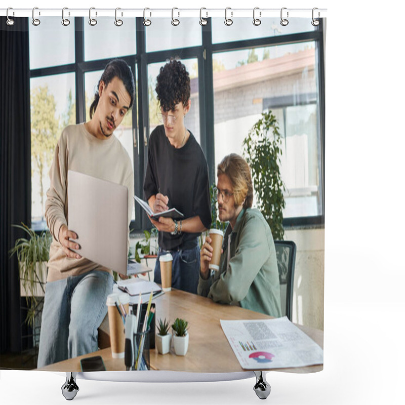 Personality  Young Man Presenting Ideas While Holding Laptop And Talking To Startup Team During Meeting Shower Curtains