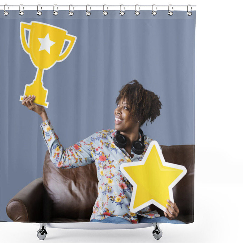 Personality  Woman Holding A Trophy And Star Icon Shower Curtains