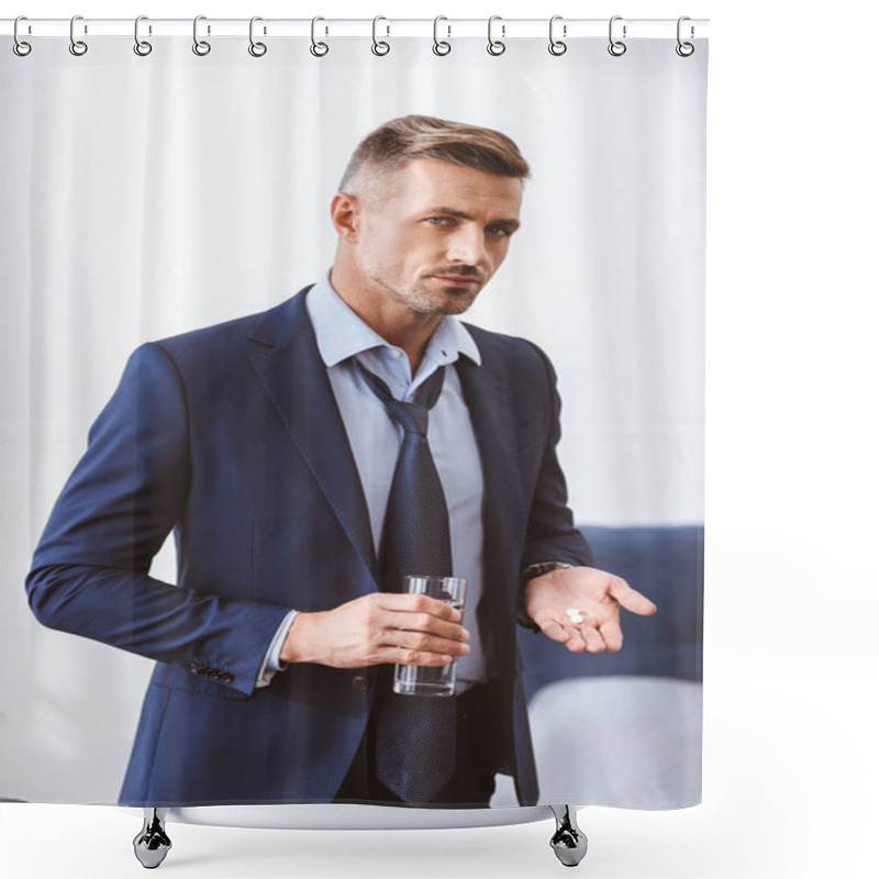 Personality  Businessman In Suit Holding Glass Of Water With Pills And Looking At Camera Shower Curtains