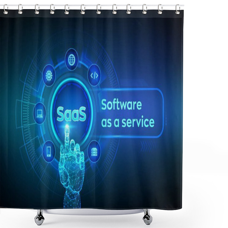 Personality  SaaS. Software As A Service. Internet And Technology Concept On Virtual Screen. Development Concept. SAAS Computing IOT Industry. Robotic Hand Touching Digital Interface. Vector Illustration. Shower Curtains