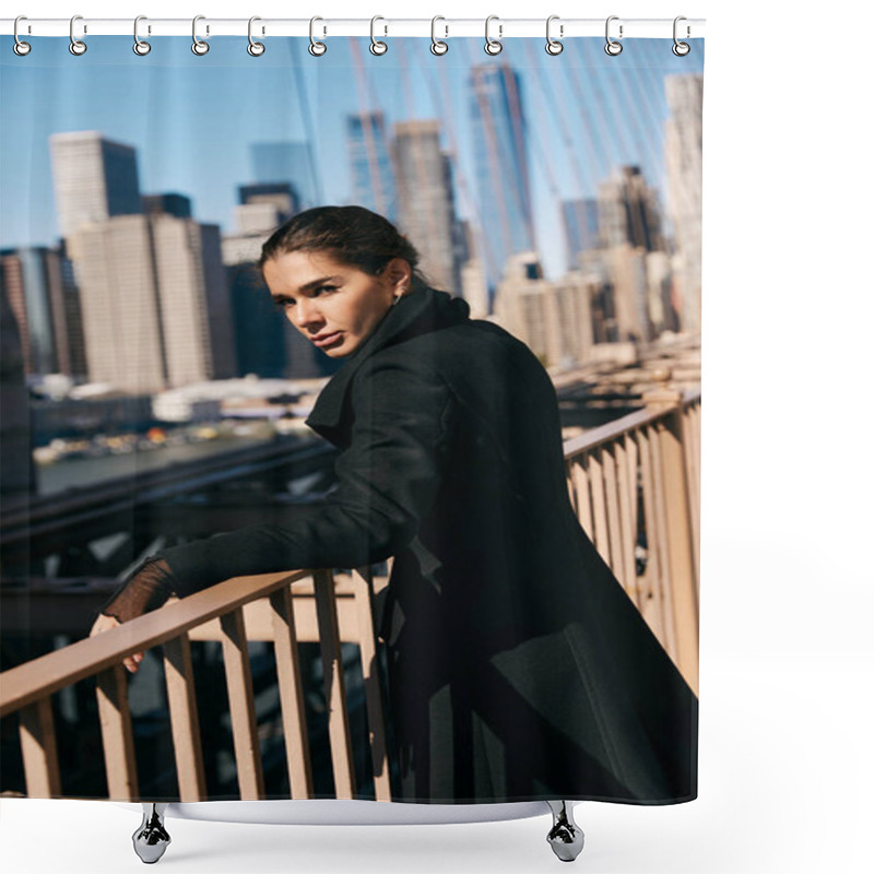 Personality  A Young Woman Pauses On A Bridge In New York City, Taking In The View. Shower Curtains