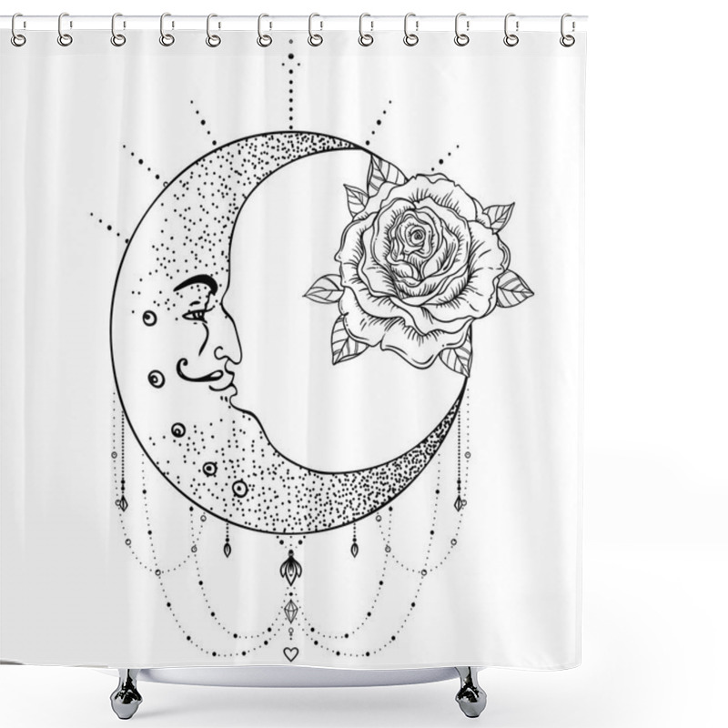 Personality  Crescent Moon, Rose Flower, Sacred Geometry. Blackwork Tattoo Fl Shower Curtains