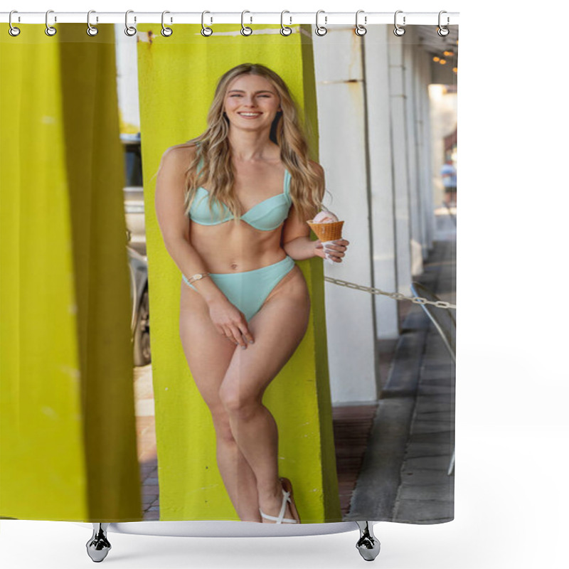 Personality  A Gorgeous Woman Reclines On A Sandy Beach, Her Bikini Accentuating Her Golden Tan. She Enjoys An Ice Cream Cone, The Sun's Warmth Embracing Her, While Waves Gently Whisper At The Shore. Shower Curtains