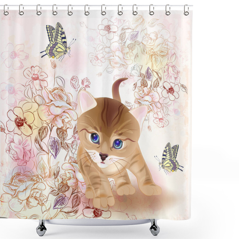 Personality  Retro Birthday Greeting Card With Little Tabby Kitten ,flowers Shower Curtains