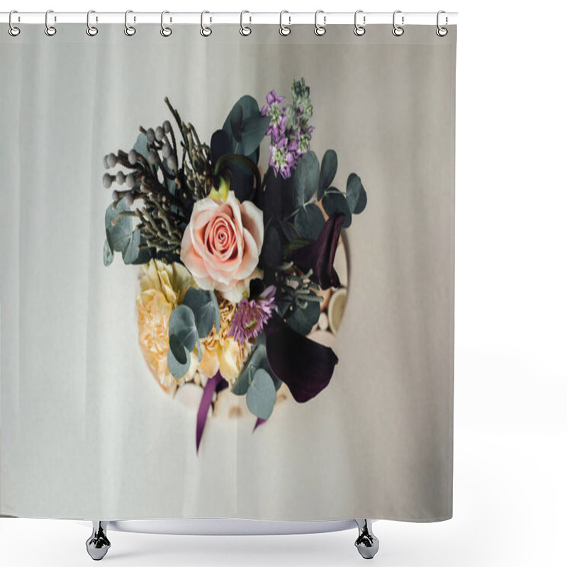 Personality  A Bouquet Of Flowers In A Rectangular Package On A Gray Concrete Background. Bouquet With Roses, Eucalyptus Branches. Background With Flowers. Top View Shower Curtains