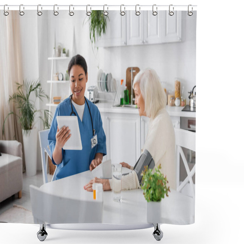 Personality  Happy Multiracial Nurse Using Digital Tablet And Measuring Blood Pressure Of Senior Woman With Grey Hair  Shower Curtains