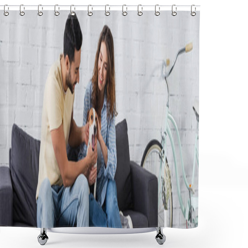 Personality  Smiling Woman Cuddling Jack Russell Terrier Near Muslim Boyfriend, Banner Shower Curtains