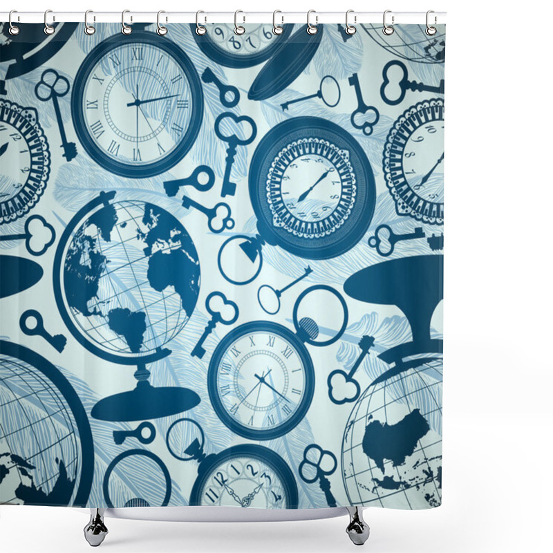 Personality  Seamless Retro Background With Globes, Keys And Watches Shower Curtains