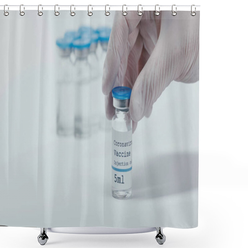 Personality  Cropped View Of Person Holding Bottle With Coronavirus Vaccine Liquid On White  Shower Curtains