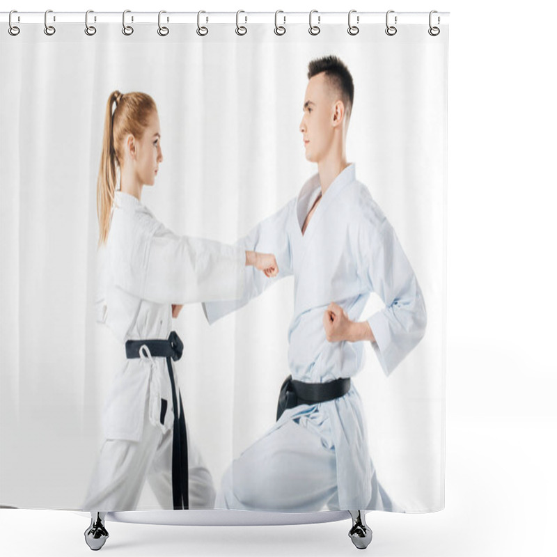 Personality  Side View Of Karate Fighters Exercising In Kimono Isolated On White Shower Curtains