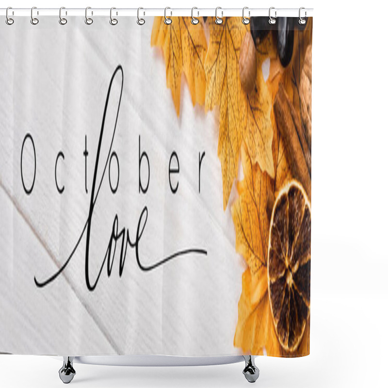 Personality  Top View Of Autumnal Decoration And Grapes Near October Love Lettering On White Background, Panoramic Crop Shower Curtains