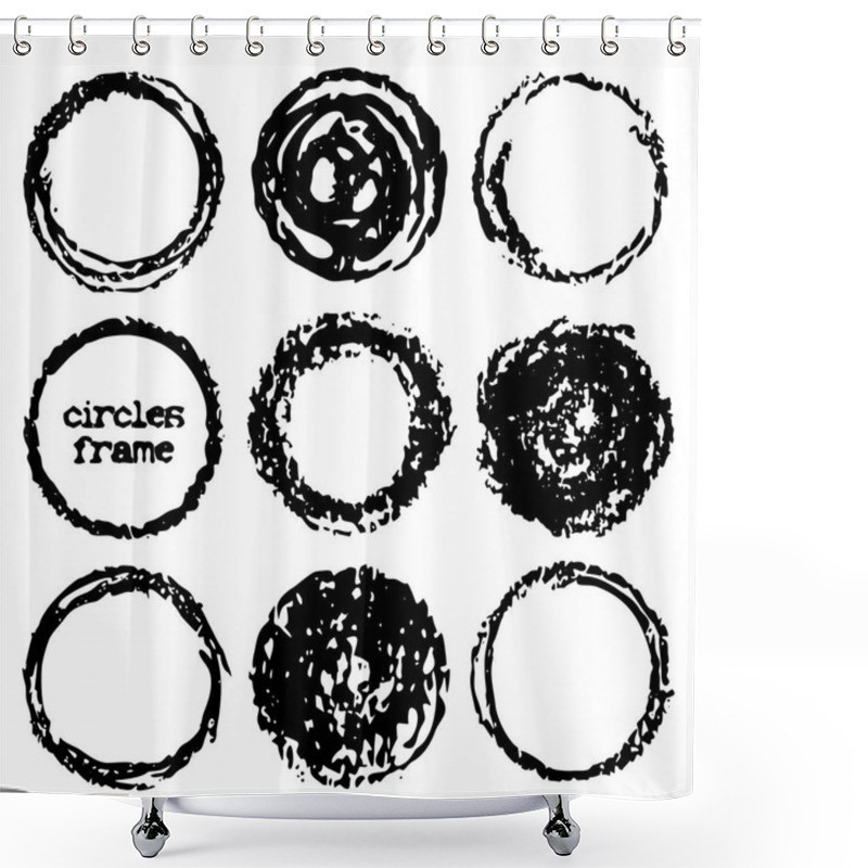 Personality  Hand Drawn Ink Grunge Circles Set. Design Elements Round Frames. Black Shapes Circles, Dry Brush Strokes.  Grunge Style, Vector Background.   Shower Curtains